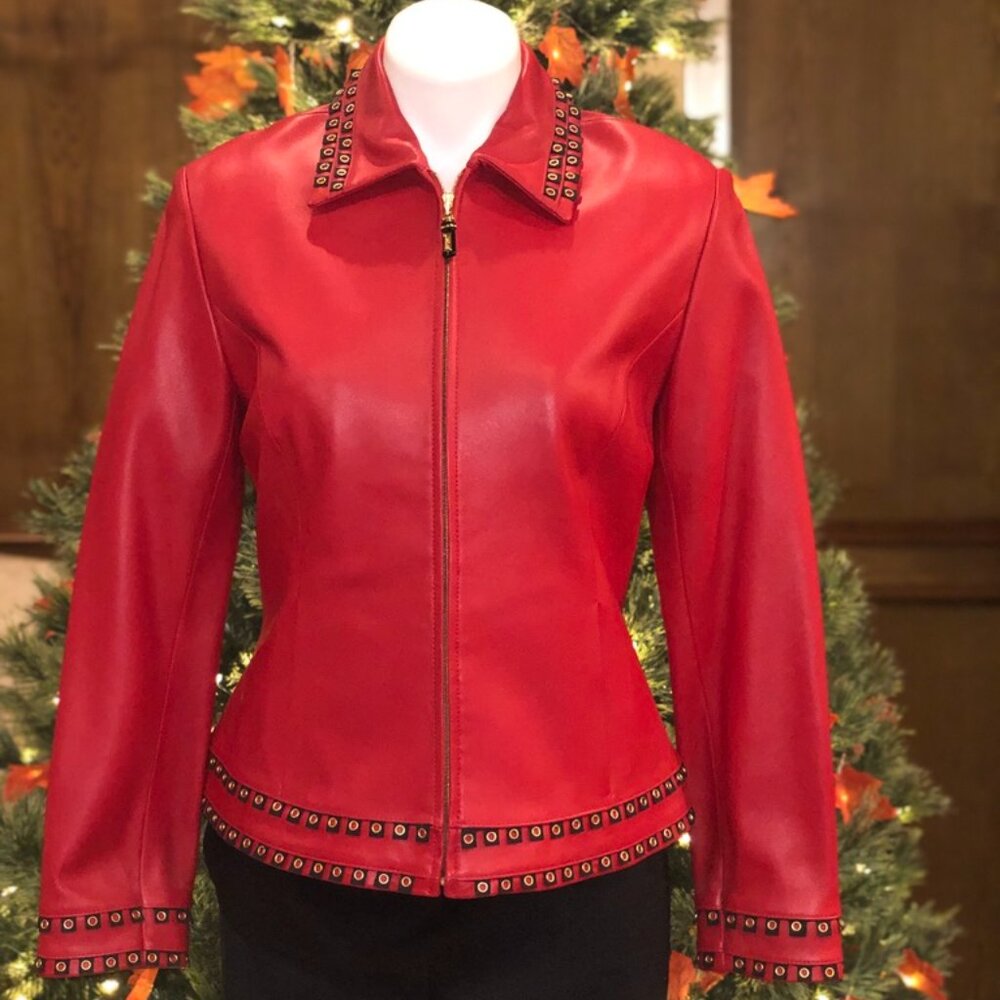 St John Sport Marie Gray Red 100% Leather Blazer Jacket Beautiful Grommet Detail